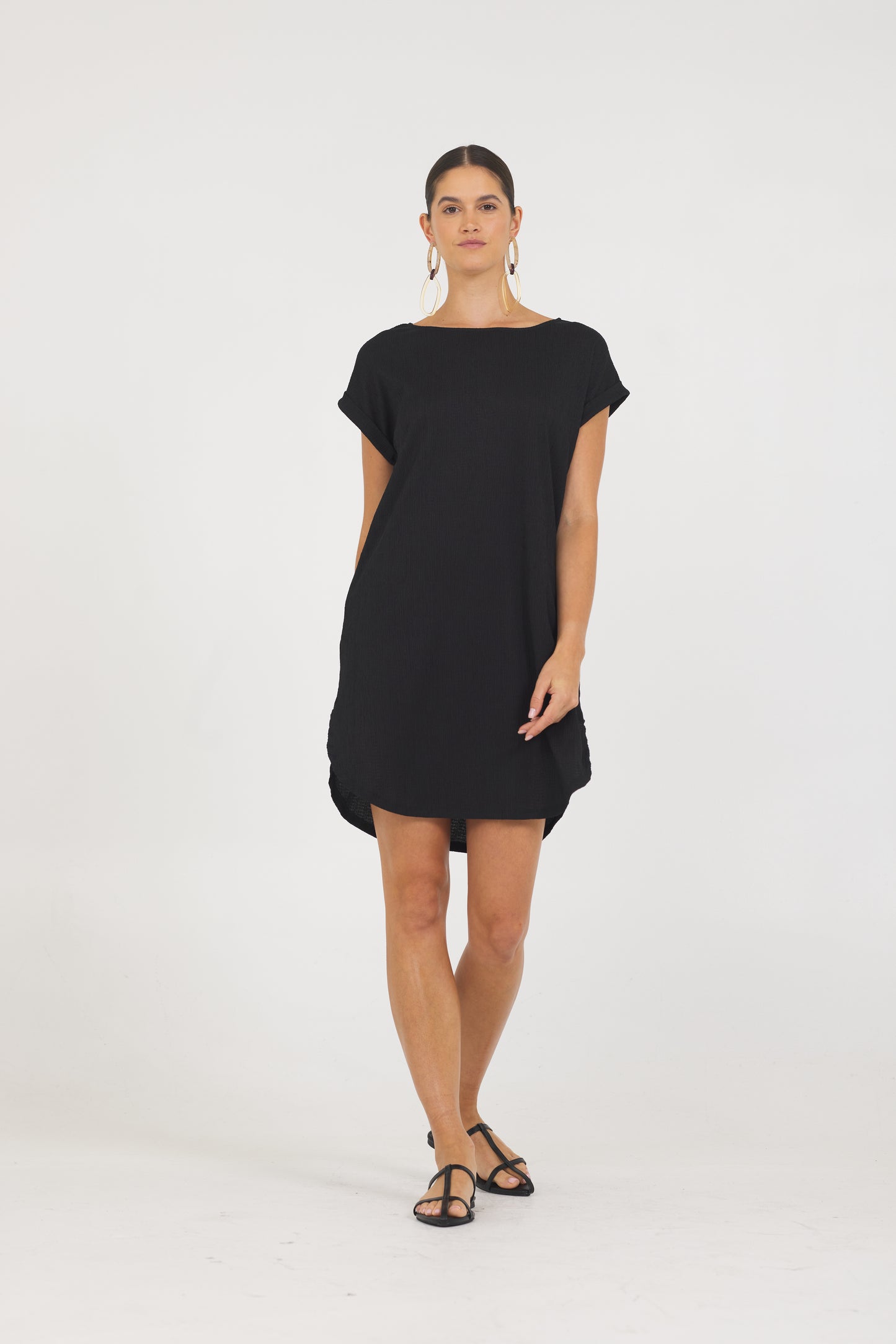 A Crinkle Texture Roll sleeve Dress