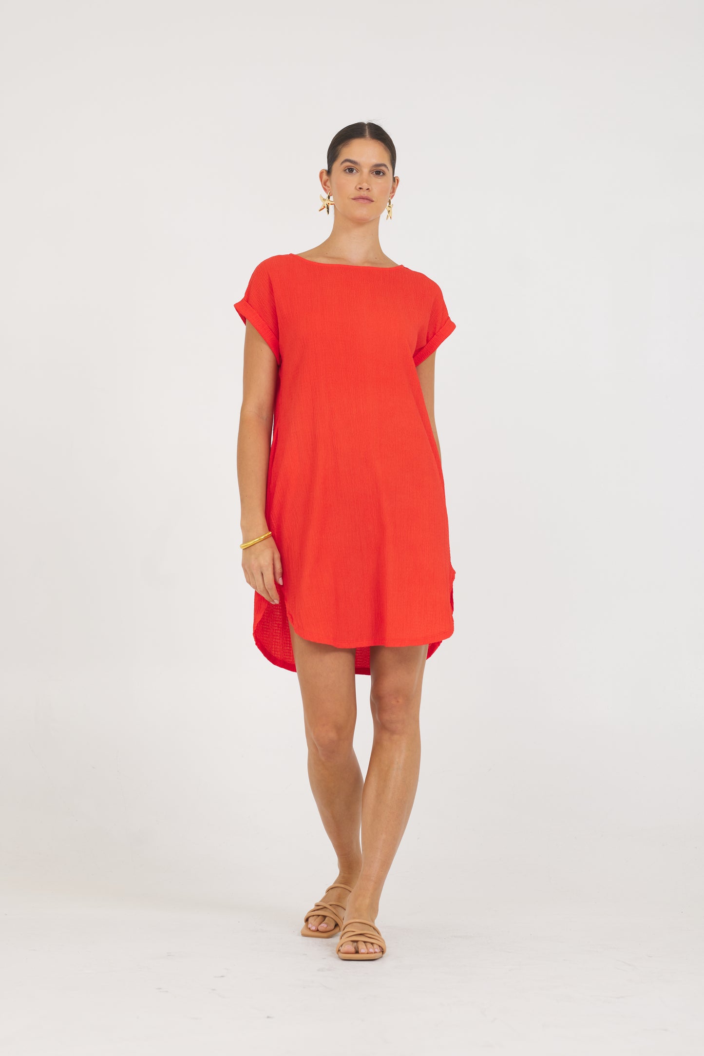 A Crinkle Texture Roll sleeve Dress