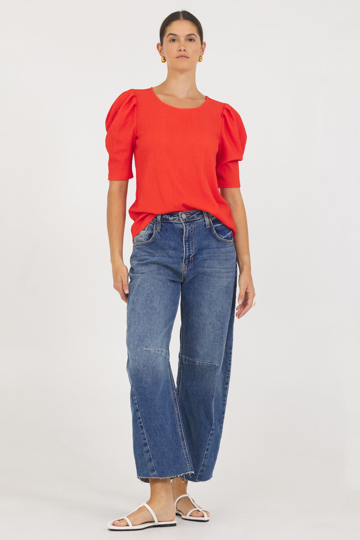 A Crinkle Texture Puff Slv Top