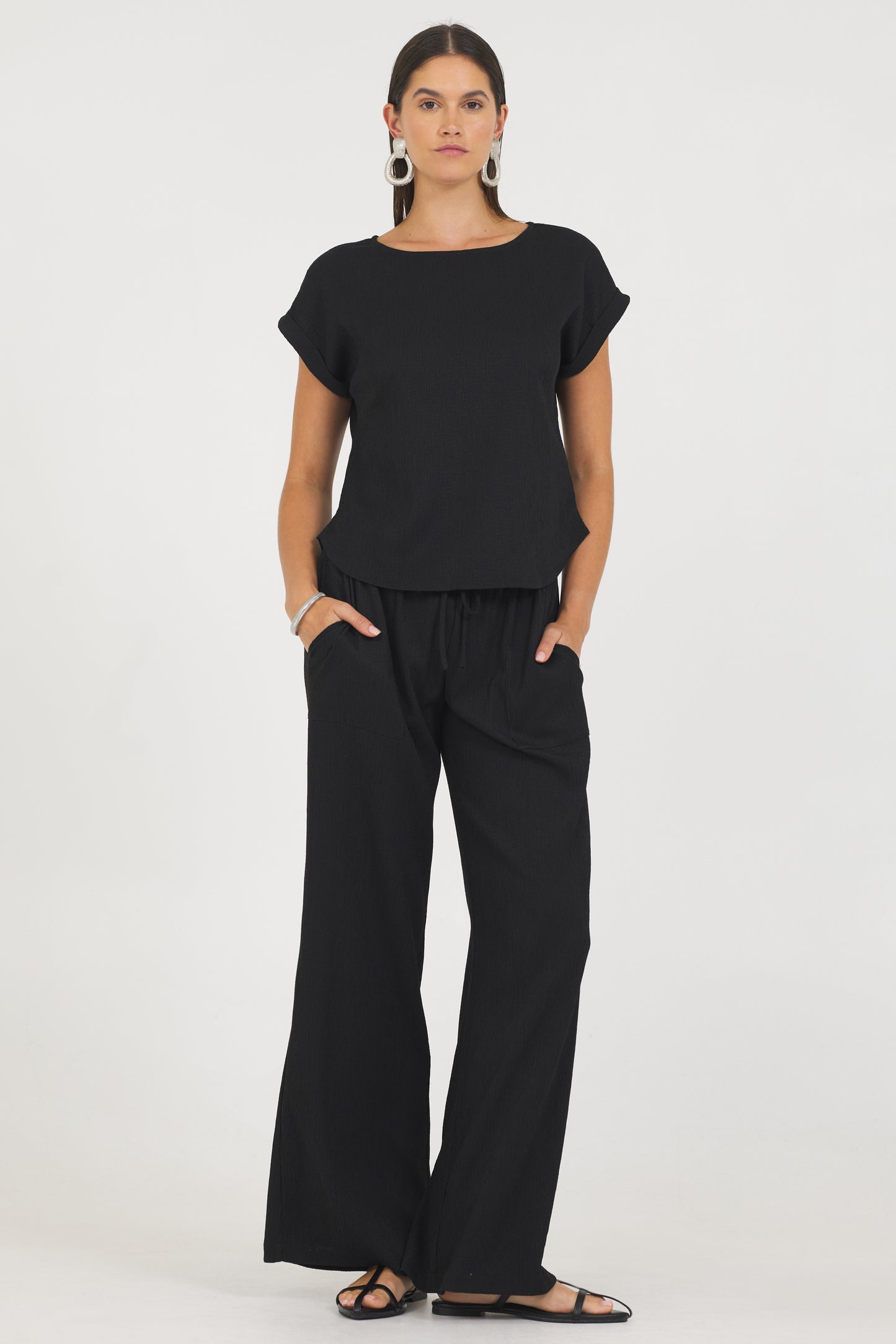 A Crinkle Texture Roll Sleeve Top
