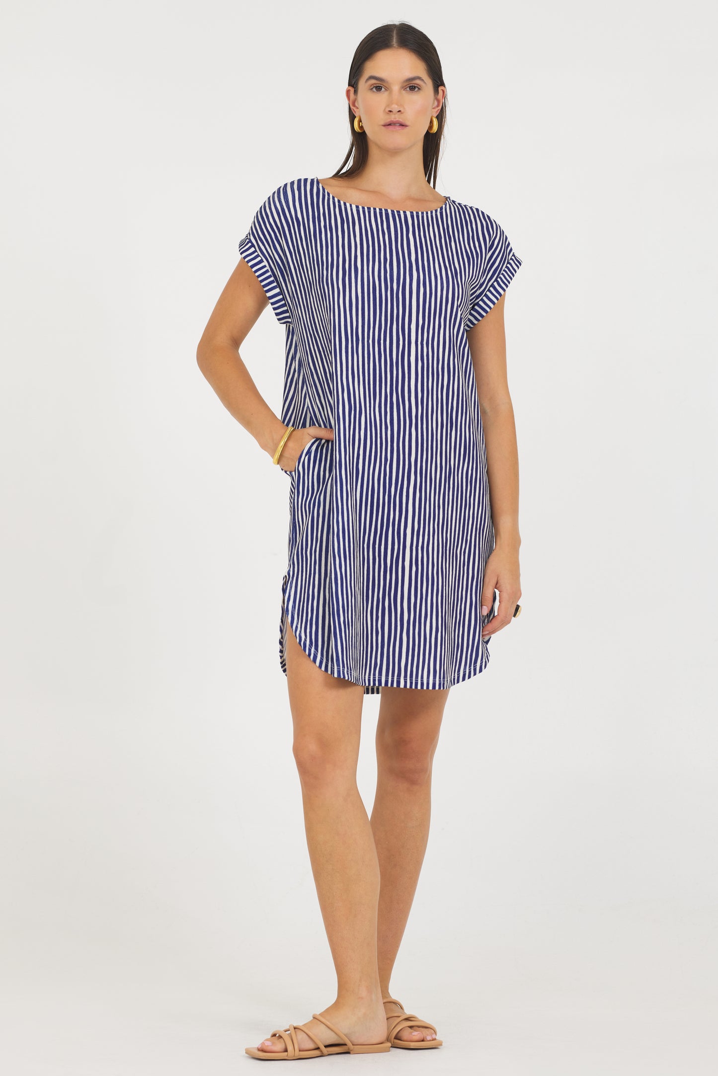 A Crinkle Texture Roll sleeve Dress